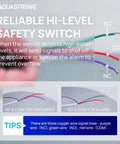 Diagram showing wiring instructions for high-level safety switch on condensate pump with NC, NO, COM labels for appliance and alarm tr