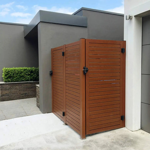 Heavy Duty Self-Closing Gate Hinges With Adjustable Tension For High Traffic Gates And Pool Fences Gloss Black Covers visible on wood gate