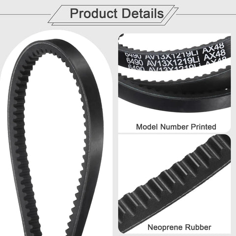 Two Pack AX48 EPDM V Belt Cogged Half Inch Wide Raw Edge Industrial Rubber Belt 50 Inch Outer Circumference beefy oil resistant heat resistant for heavy machinery and equipment, featuring model number and neoprene rubber close-up.