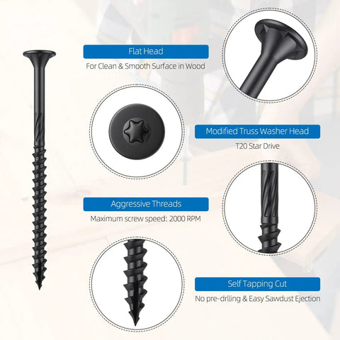 Pro Grade Heavy Duty Star Drive Deck Screws 10 By 3 Inch Black showing flat head, modified truss washer head, and aggressive threads.