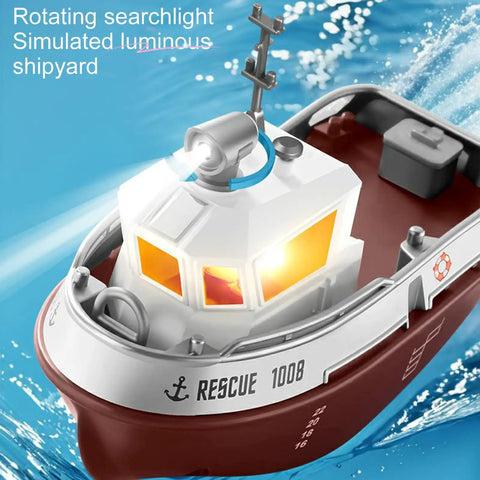 RC Tugboat Remote Control Boat For Pools And Lakes 2.4GHz Anti Interference Control LED Lights Rotating Searchlight