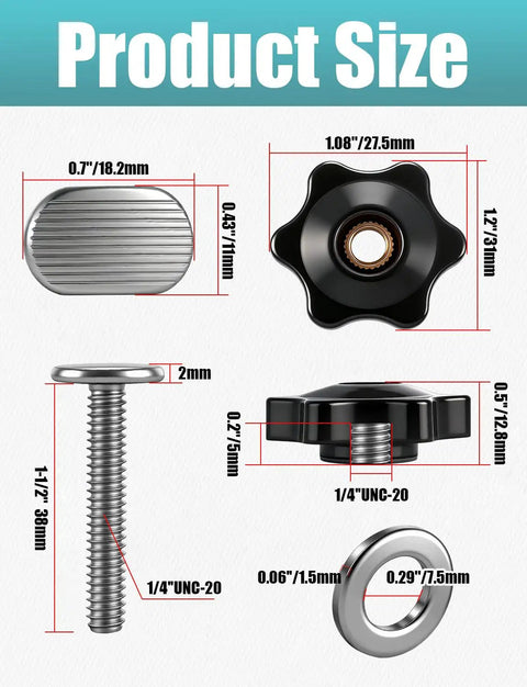 Pro Grade 12 Sets 1/4-20 T Track Bolts And Knobs Kit size dimensions for woodworking fixtures
