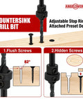 Close-up of Eight Piece Countersink Drill Bit Set With M2 HSS Tapered Bits in use on wood, showing adjustable stop ring and precise counter sinking.