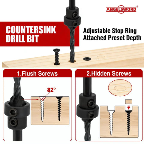 Close-up of Eight Piece Countersink Drill Bit Set With M2 HSS Tapered Bits in use on wood, showing adjustable stop ring and precise counter sinking.