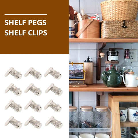 Silver Finish Cabinet Shelf Support Pegs 20 Pack For Cabinets, Bookcases, Closets, And Cupboards shown with shelf items