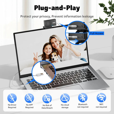Plug-and-play setup of 4K Streaming Webcam for PC and Mac With All Metal Unibody, Sony One-Half Inch Sensor, PDAF, privacy cover visible