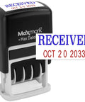 Heavy Duty Self Inking Office Date Stamp Rolling Smooth As Butter With Long Lasting Twelve Year Replacement Band Printing Crisp Blue Received Phrase And Sharp Red Dates For Zero Stress Paperwork Flow All Day Long. Close-up view of a self-inking stamp printing 'RECEIVED OCT 20 2033'.