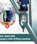 Heavy Duty Square Hole Drill Bit Adapter Mortiser Bit For Bench Drill close-up on square drill bit attached to machine.