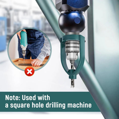 Heavy Duty Square Hole Drill Bit Adapter Mortiser Bit For Bench Drill close-up on square drill bit attached to machine.