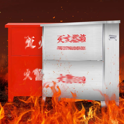 Heavy Duty Cold Rolled Steel Fire Extinguisher Cabinet Dual Grip Surface Mounted Outdoor Storage Box For Commercial And Industrial Facilities Built Like A Tank No Nonsense Safety Gear Silver with red box on fire.
