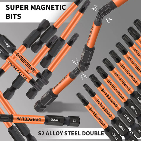 Premium 10 Pack 8 Point Torx Star And Double Square Bit Set With Magnetic Heads And Hex Shank, S2 Alloy Steel displayed