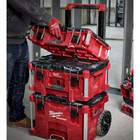 Packout 22 Inch Tool Box With Heavy Duty Latches And Interior Organizer Trays Durable Modular Storage System For Tools Black And Red Versatile Portable Chest For Home Garage And Job Site stacked view
