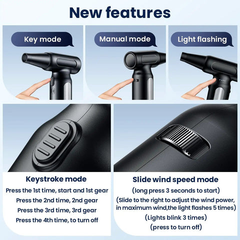 Key, manual, and light flashing modes of the Rechargeable Cordless Air Duster For PC And Electronics Cleaning No More Canned Air