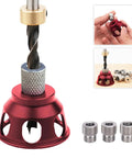 Heavy Duty Aluminum Vertical Hole Punch Locator For Fine Woodworking with drill bit and steel bushings on work surface.