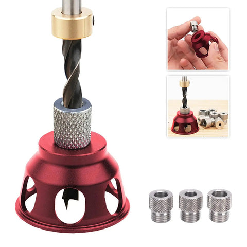 Heavy Duty Aluminum Vertical Hole Punch Locator For Fine Woodworking with drill bit and steel bushings on work surface.