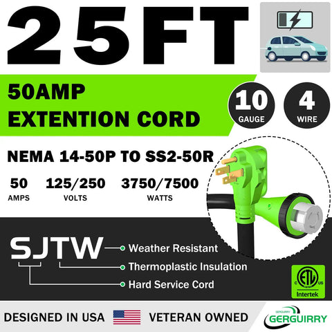 25 ft 50 Amp extension cord with NEMA 14-50P to SS2-50R, 125/250V, SJTW, 10 gauge 4-wire for weather resistance, USA made