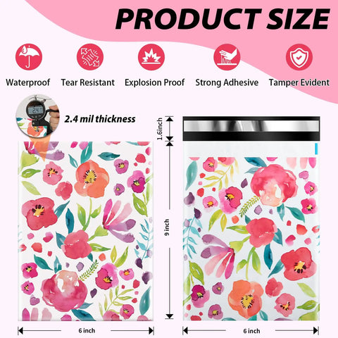 Durable 6x9 Floral Poly Mailers 100 Pack For Shipping Waterproof Tear Resistant Mailing Bags Easy Seal Envelopes