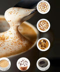 Spoon with creamy milk foam above coffee cup showcasing designs, highlighting the Compact Electric Espresso Maker With Built In Milk Frother Portable Home Barista Machine Fast Auto Brew Cycle Light Yellow Slick Kitchen Setup For Legit Daily Cafe Drinks.