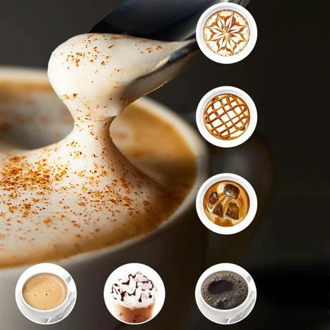 Spoon with creamy milk foam above coffee cup showcasing designs, highlighting the Compact Electric Espresso Maker With Built In Milk Frother Portable Home Barista Machine Fast Auto Brew Cycle Light Yellow Slick Kitchen Setup For Legit Daily Cafe Drinks.
