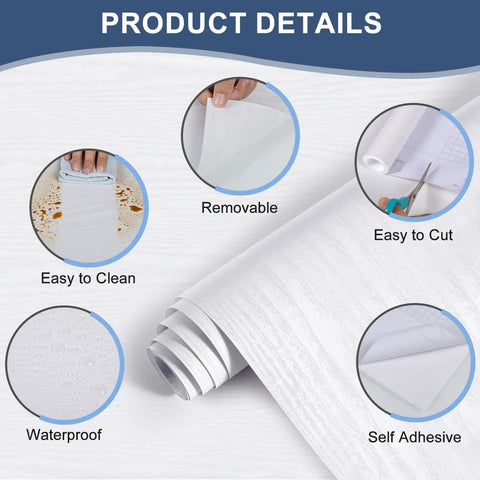 White Wood Grain Peel And Stick Wallpaper 15.7 Inch By 196 Inch Self Adhesive Cover Up To 21.37 Sq Ft Thick Real Wood Texture Easy To Clean White Finish with features highlighted like removable, waterproof, and easy to cut.