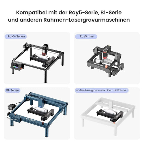 Four Longer laser engraver rotary rollers with brackets (Ray5, Ray5 mini, B1-series) for 360° cylindrical engraving.