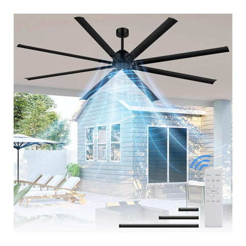 96 Inch HVLS Industrial Ceiling Fan With Over 18,000 CFM, outdoor view showing airflow and remote control, black finish.