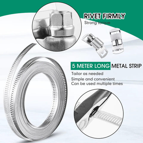 Hose Clamp Kit With Stainless Steel Worm Gear Straps And Holes, 32.8 Ft Total Length, close-up of metal strip and fasteners