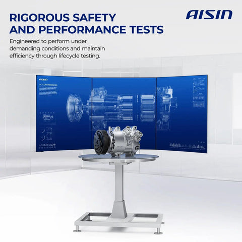 Precision Engineered Aftermarket AC Compressor With Heavy Duty Clutch displayed on a testing table with performance graphs in the background.