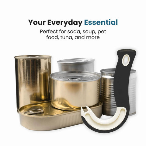 Ring Pull Can Opener For Soda And Food Cans Arthritis Friendly Non Slip Grip Nail Protection Senior And Kid Safe No Sweat Easy Pull Tab Tool Easy Open Black Dishwasher Safe, black grip beside assorted pull-tab cans