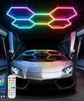 RGB Hexagon Garage Lights 240W 24 Pack LED Honeycomb Ceiling Lights With Music Sync And App Control installed above car in garage