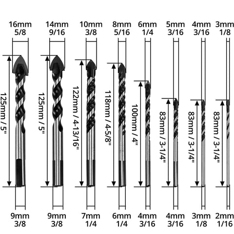 QWORK 8-piece drill bit set with tungsten carbide tips, sizes 3–16 mm for tile, concrete, brick, glass, plastic and wood.