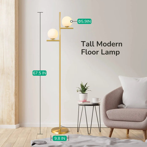 67.5 Inch Mid Century Modern Globe Floor Lamp With Dimmable LED Brightness, Gold Brass Finish, in living room setting