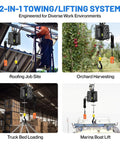 Heavy Duty 2200 lb Electric Hoist With Remotes lifting tools at a roofing job site, showcasing 25 ft height in action.