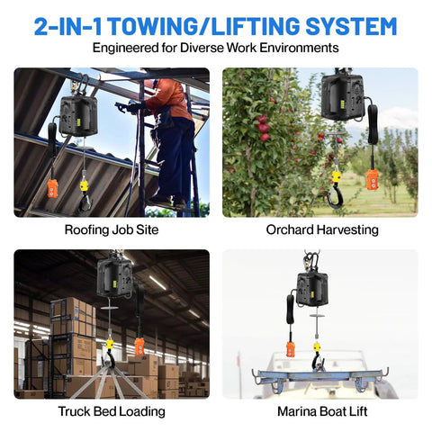 Heavy Duty 2200 lb Electric Hoist With Remotes lifting tools at a roofing job site, showcasing 25 ft height in action.