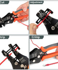 3 In 1 Automatic Wire Stripper With Built In Cutter Adjustable Stripper For 18-8 AWG And 22-10 AWG Insulated Terminals Precision Crimping Tool ICP-510 Pro Grade demonstrating cutting, adjusting, stripping, and crimping features with red wire and insulated terminal
