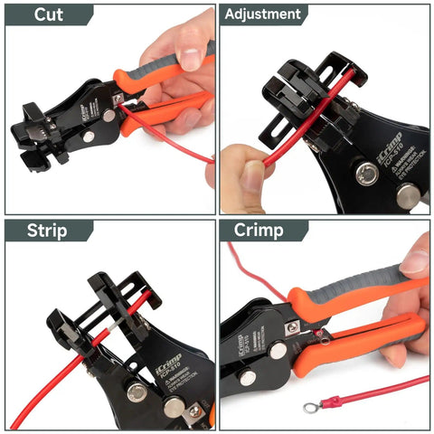 3 In 1 Automatic Wire Stripper With Built In Cutter Adjustable Stripper For 18-8 AWG And 22-10 AWG Insulated Terminals Precision Crimping Tool ICP-510 Pro Grade demonstrating cutting, adjusting, stripping, and crimping features with red wire and insulated terminal