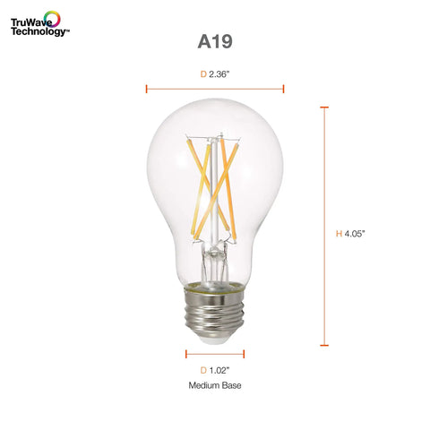 TruWave Natural Series A19 LED Bulb 11W, 1100 Lumens, 2700K Soft White, Dimmable, Clear Finish, with dimensions marked
