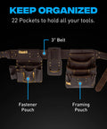 Go-To Heavy Duty Drywall Carpenter Tool Belt with 22 pockets, oil tanned leather, showing fastener and framing pouches