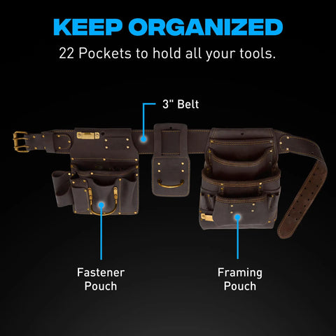 Go-To Heavy Duty Drywall Carpenter Tool Belt with 22 pockets, oil tanned leather, showing fastener and framing pouches