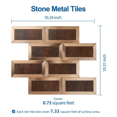 Peel And Stick Kitchen Backsplash Tiles Set 10.24 By 10.31 Inches, Copper finish, sample pack dimensions and area coverage.