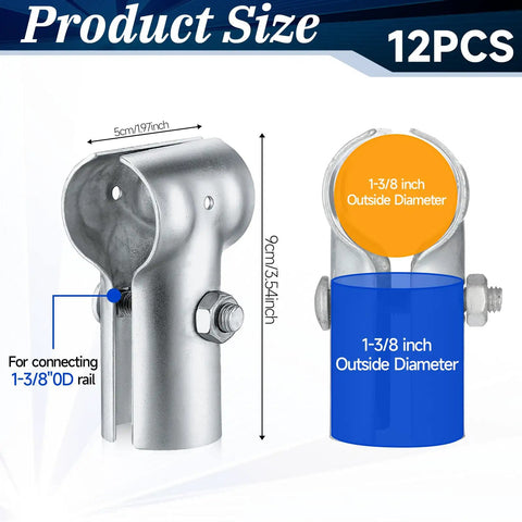 12 Pack End Rail T Clamp For One And Three Eighths Inch Chain Link Fence OD Pipe Galvanized T Connectors with size details