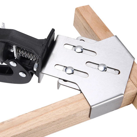 Heavy Duty Stainless Steel Right Angle Clamp With Quick Fix Press Handle For 90 Degree Woodworking Cabinet Making And Furniture Building Projects Built To Last With One Touch Release And Fast Rod Adjustment in use, securing wood at a right angle.