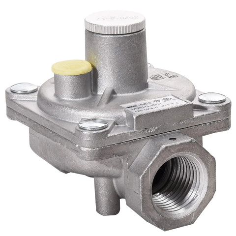 MCAMPAS dual fuel gas regulator, silver metal body with 1/2 FPT NG/LP ports, white top cap.