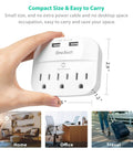 Hand holding 3 Outlet Surge Protector Power Strip With Dual USB Chargers 2.4A Fast Charge 490 Joule Protection ETL Listed Wall Adapter