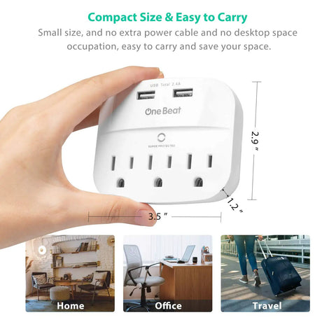 Hand holding 3 Outlet Surge Protector Power Strip With Dual USB Chargers 2.4A Fast Charge 490 Joule Protection ETL Listed Wall Adapter