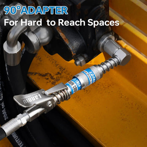 Heavy Duty 8000 PSI Lever Grease Gun Kit with 90-degree adapter on yellow machinery