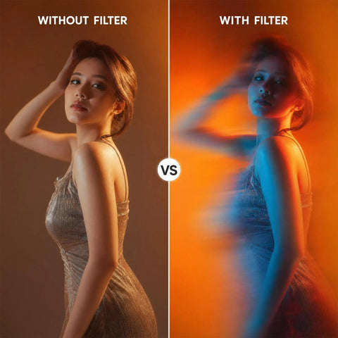 Comparison of portrait without and with Handheld 100mm Double-Sided Prism Filter For Ghosting, Stretching, Motion Blur.