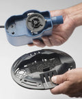 Hands holding components of Submersible Pool Cover Pump, 350 GPH Water Removal to Keep Your Cover Safe, No-Fuss Setup.