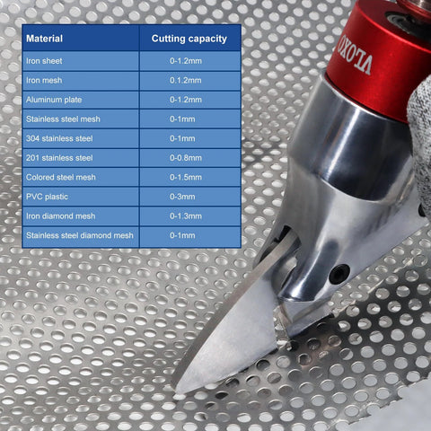 Installed view of VlOXO metal shear drill attachment cutting sheet metal; silver body with red collar and pivoting handle