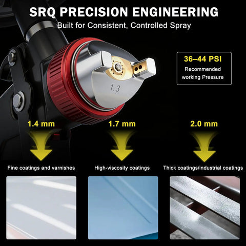 Pro Level HVLP Air Spray Gun Kit With 1.4 1.7 And 2.0Mm Nozzles showing precision nozzle with size markings.